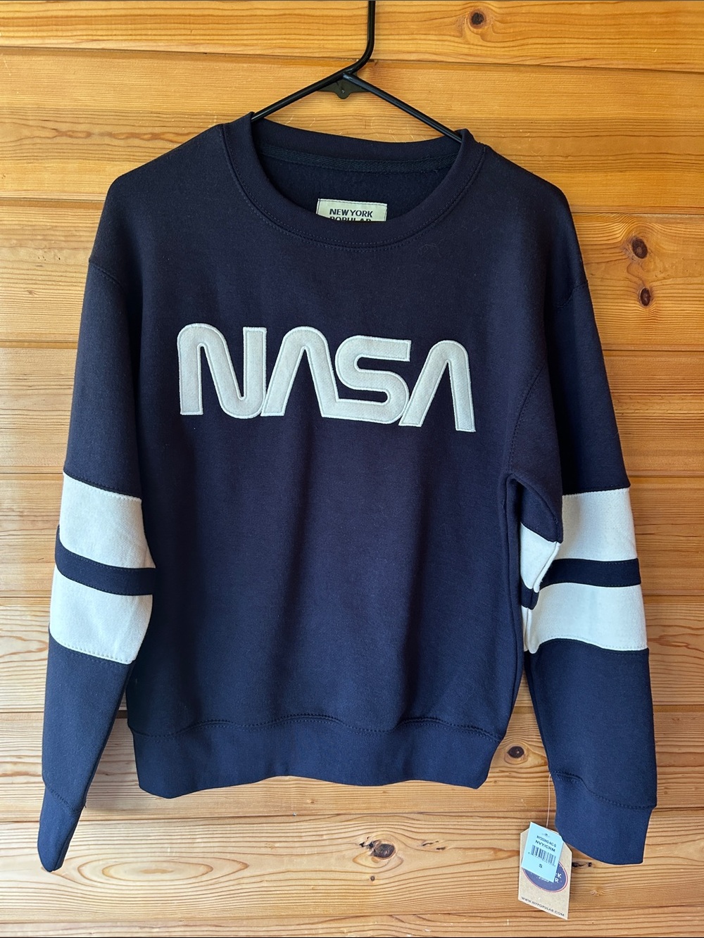 NASA Crewneck Sweatshirt in Navy with White Sleeve Stripes